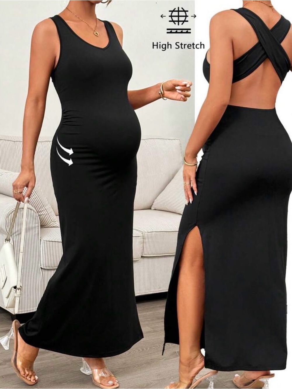 SHEIN Maternity Black Round Neck Side Slit Hem Criss Cross Tank Top Maxi Dress